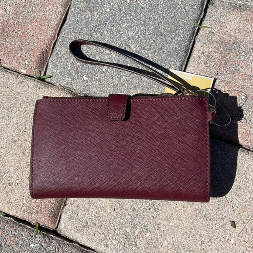 Michael Kors Jet Set Travel Large Double Zip Wristlet Wallet Dark Cherry Leather - Picture 8 of 16